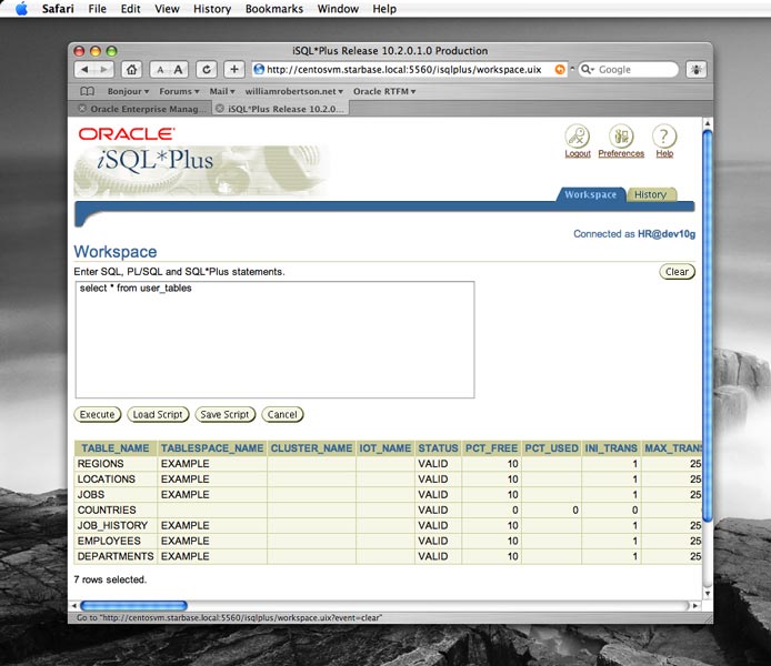 Screenshot of iSQL*Plus running in Safari